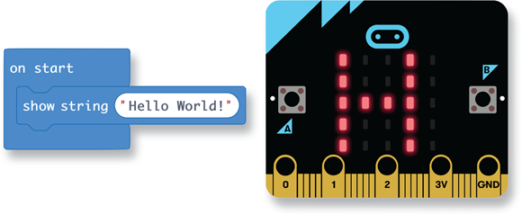 Picture displaying just the letter H at the beginning of “Hello World!” message on the micro:bit electronics board.