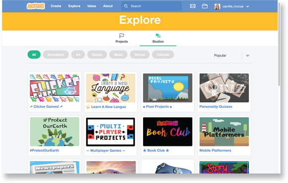 Screenshot of the Explore page in the Scratch Dashboard displaying a series of projects, for remixing a project shared by another Scratcher and then changing it to make it your own, by adding new graphics and new snippets of code.