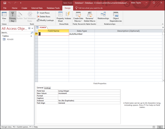 “Screenshot of the starting screen of the Design view with a menu across the top of the window that offers Home, Create, External Data, Database Tools, and Design options.”