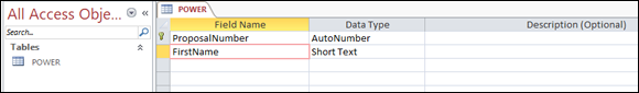 Screenshot of the table-creation window after the FirstName has been entered in the Field Name column.