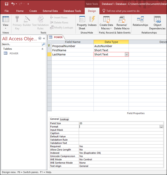 Screenshot of the table-creation window after the LastName has been entered in the Field Name column.