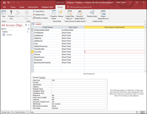 Screenshot of a revised table definition to enter the fields to be added with a separate Description column that is optional.