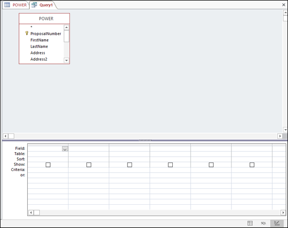 Screenshot of a dialog box displaying the Query screen with POWER table selected.