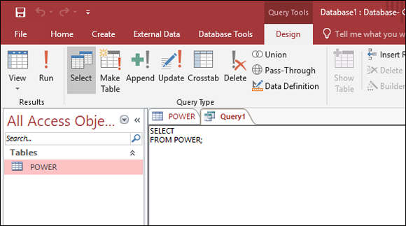 Screenshot displaying the SQL View Object tab to retrieve some information from the POWER table.