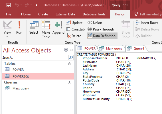 Screenshot of the POWERSQL table using the menu listed under All Access Objects column at the left edge of the window.