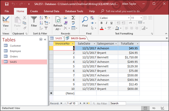 Screenshot of a Sales Database window displaying a result set for retrieval of sales from 12/01/2017 to 12/07/2017.