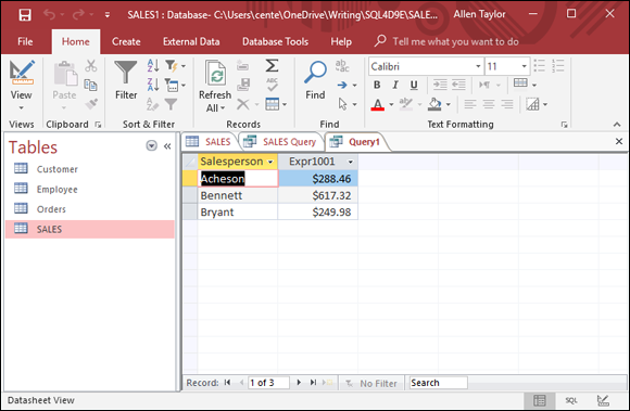 Screenshot of a Sales database window displaying the average sales for each salesperson.